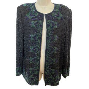 Vintage Scala Women’s L Silk Black Green Blue Hand Beaded Jacket Holiday Party